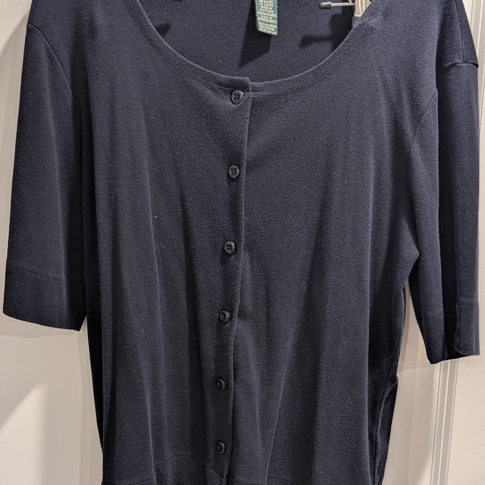 Vtg Lauren Ralph Lauren Knit Crdgn XL Navy Cotton Rayon Short Sleeve Button Down